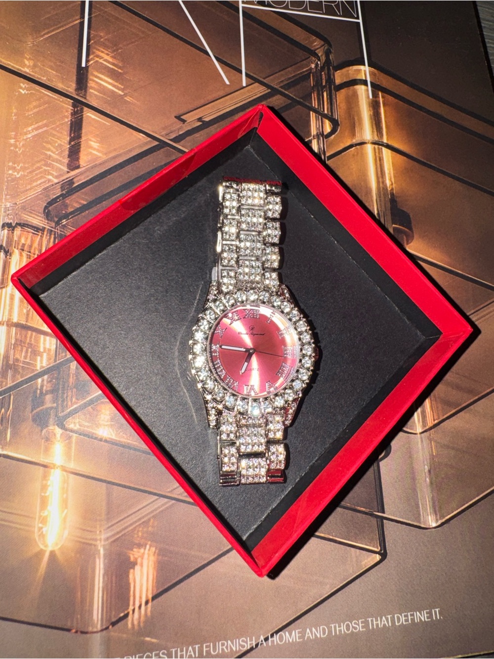 Charles Raymond Vintage Iced Out Luxury Pink Silver Lab Diamond Watch